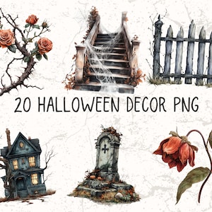 May include: A set of 20 Halloween decor PNG images featuring a variety of spooky elements, including a haunted house, a graveyard, a fence, a rose bush, a decaying flower, and a staircase with cobwebs.