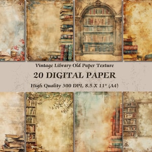 Vintage Bibliothek Alte Textur Digitales Papier l Bücher Design Aquarell Hintergrund l Herunterladbare Wallpaper Art, Scrapbooking Journal