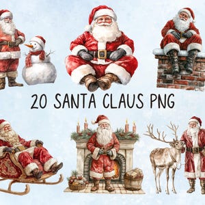 Lindo clip art digital de Papá Noel en acuarela l Decoración navideña imprimible Fondo transparente l Imagen de invierno descargable PNG basura