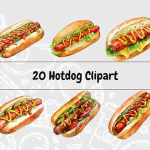 Köstliche Hotdog Design Clipart digitale Datei l Aquarell Essen Bild druckbares Papier l Spaß Sandwich herunterladbare Druck l Scrapbook Journal
