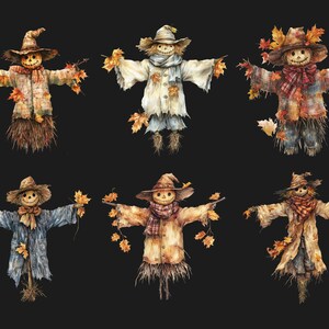 May include: Six watercolor illustrations of scarecrows with different clothing and accessories. The scarecrows are all standing on a black background.