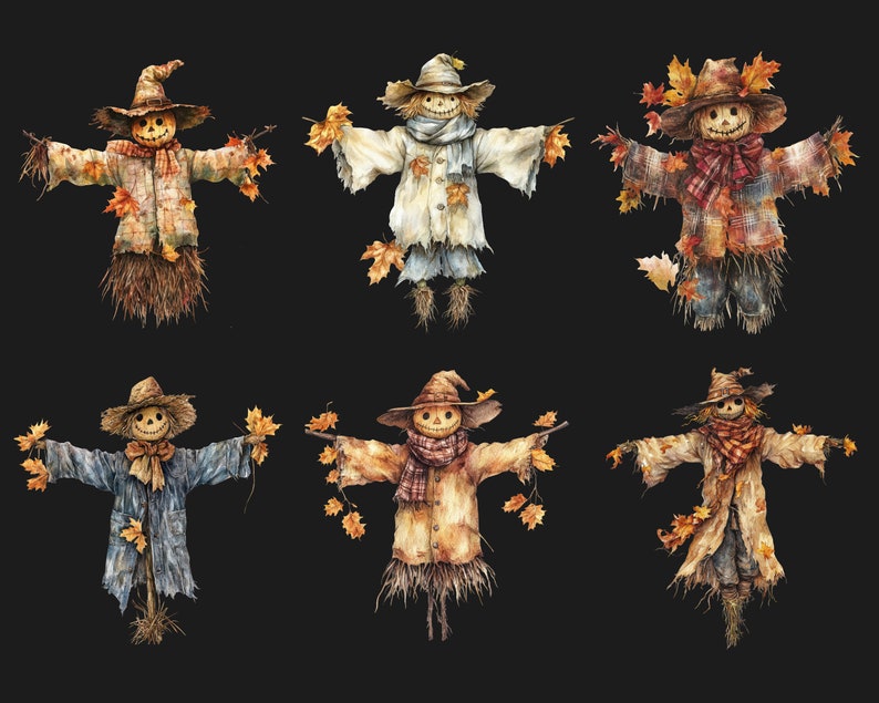 May include: Six watercolor illustrations of scarecrows with different clothing and accessories. The scarecrows are all standing on a black background.