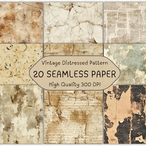 Op de afbeelding: Een set van 20 vintage distressed naadloze papierpatronen. De patronen hebben verschillende texturen, waaronder gebarsten, verouderd en getextureerd papier. De patronen zijn van hoge kwaliteit en 300 DPI.