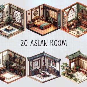 Pode incluir: Seis vistas isométricas diferentes de quartos de estilo asiático, cada um com móveis e decoração únicos. Os quartos apresentam pisos de madeira, móveis tradicionais e elementos decorativos como lanternas e rolos. O texto "20 ASIAN ROOM" é exibido no centro da imagem.