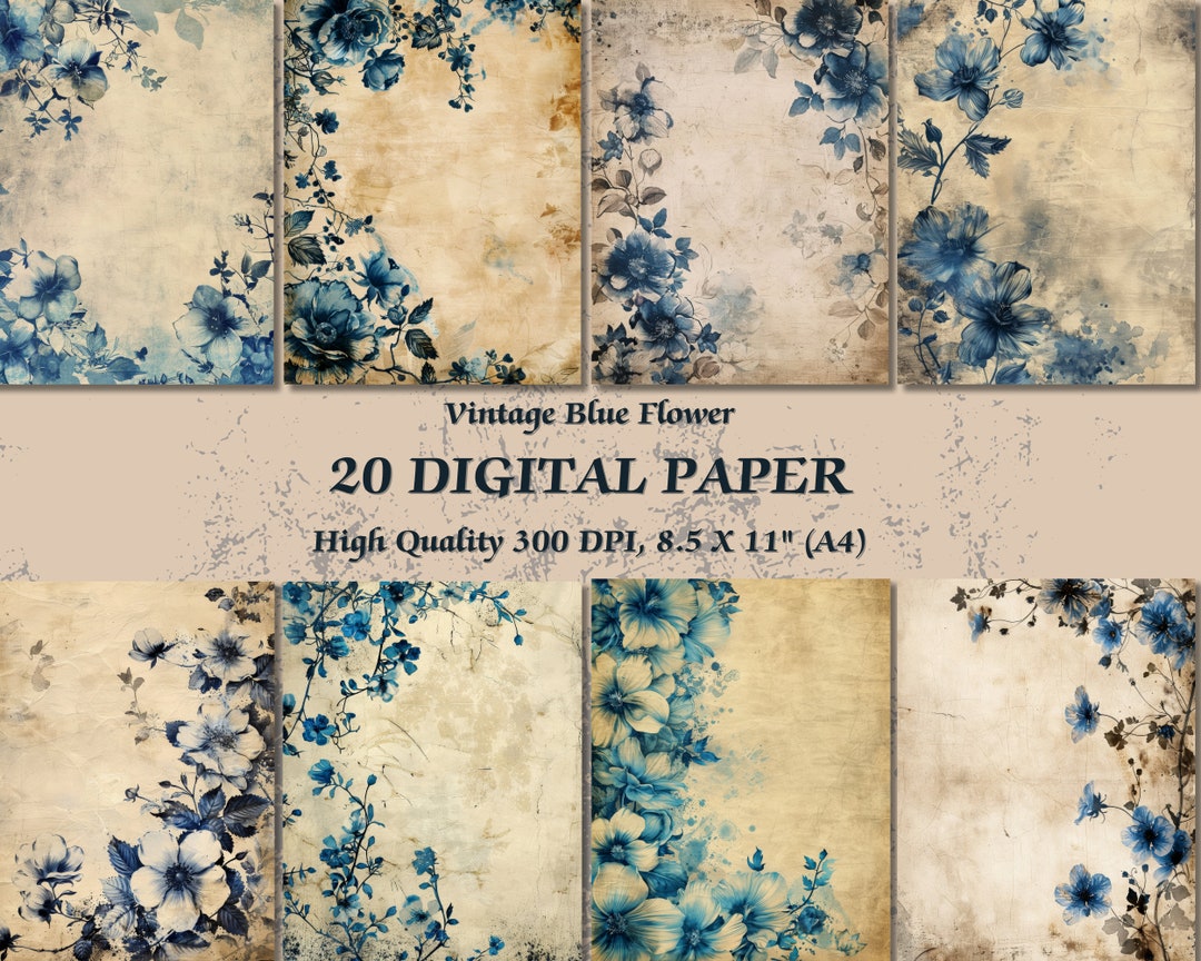 Old Texture Vintage Blue Flower Design Digital Paper L Printable ...