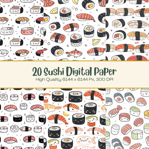 Delicious Sushi Pattern Design Digital Paper l Kawaii Japanese Cartoon Style Food Printable Wallpaper l Downloadable Cute Art Background set