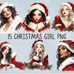 Imágenes prediseñadas digitales de chicas navideñas kawaii l Imagen de mujer de Santa Claus imprimible Fondo transparente l Diseño de invierno de acuarela suave Diario basura