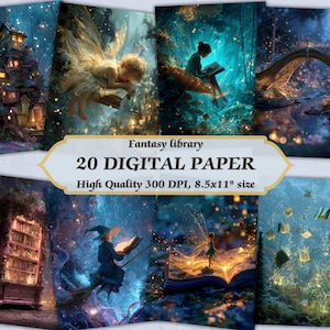 Puede incluir: Un conjunto de 20 papeles digitales de fantasía. Las imágenes presentan escenas de hadas, bibliotecas y bosques mágicos. El texto de la imagen dice "Fantasy library 20 DIGITAL PAPER Alta calidad 300 DPI, tamaño 21,6x27,9cm."