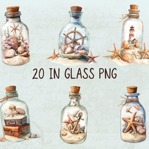 Beach Glass Bottle Design Digital Clipart l Imprimible Náutico Verano Clip Art l Descargable Fondo Transparente Decoración de Diario Basura