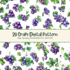 Juicy Purple Grape Muster Digitales Papier l Druckbare Tapete mit frischem Obst l Herunterladbares launisches Aquarell Hintergrundkunst-Set l Warme Stimmung