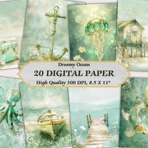 Marzycielski oceaniczny papier cyfrowy w kolorze szmaragdowym l Wydrukowana tapeta z wzorem plaży jak marzenie l Pobieralny romantyczny dziennik śmieci w stylu shabby chic
