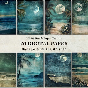 Carta digitale per spiaggia estiva di notte buia sotto la luce della luna l Carta da parati vintage con texture antica stampabile l Album di ritagli di giornale di stampa scaricabile