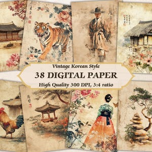 Op de afbeelding: Een verzameling digitale papieren in Koreaanse vintage stijl. De papieren bevatten illustraties van traditionele Koreaanse architectuur, figuren, dieren en bloemmotieven. De tekst op de afbeelding luidt: "Vintage Korean Style 38 DIGITAL PAPER High Quality 300 DPI, 3:4 ratio."