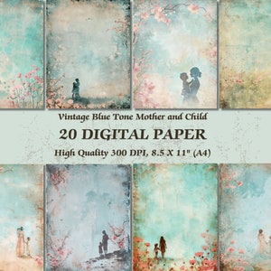 Tom azul quente mãe e filho design papel digital l vintage textura antiga fundo grunge l imprimível primavera floral papel de parede arquivo de arte