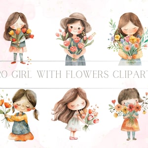 Afbeelding schattig meisje bloem digitale clipart l Warme lente aquarel transparante achtergrond l Plakboek dagboek kaart decoratie l Commercieel gebruik