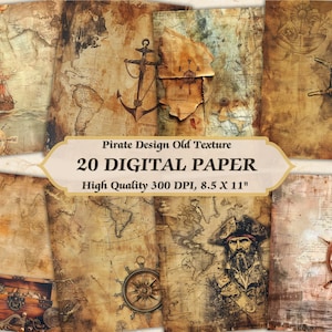 Piraten-Leben-Design-Digital-Papier l Druckbare Piraten-Abenteuer Nautical Distressed Wallpaper l Herunterladbare Vintage Alte Textur Scrapbooking