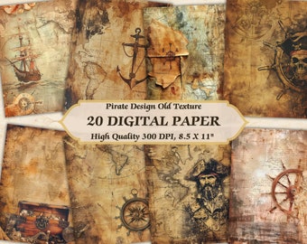 May include: A set of 20 digital papers featuring vintage pirate-themed designs. The papers have a distressed, aged look and include images of ships, anchors, compasses, treasure chests, and maps. The papers are high quality, 300 DPI, and measure 8.5 x 11 inches.