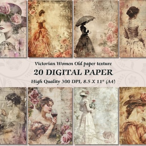 Hermosas mujeres victorianas diseñan papel digital l textura de impresión antigua imprimible con fondo de pantalla de rosa l página floral angustiada l diario basura