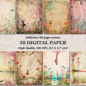 Juego de papeles digitales con diseño de bailarinas en color rosa cálido | Papel tapiz imprimible de naturaleza primaveral con ballet | Uso comercial, álbumes de recortes, diario basura