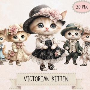 Kawaii Victorian Kitten Digital Clip Art l Wydrukowany wzór rokoko Kot Pastelowy kolor Przezroczyste tło l Pobieralny uroczy obraz zwierzęcia