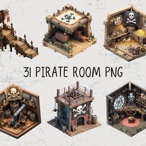 May include: A collection of miniature pirate-themed room models. Each model features detailed wooden structures, pirate flags with skull and crossbones, treasure chests, and various nautical elements. The text "31 PIRATE ROOM PNG" is displayed.