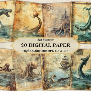 Papel digital de monstruo marino aterrador en el agua | Papel tapiz de animales del océano con textura vintage imprimible | Scrapbooking pirata descargable