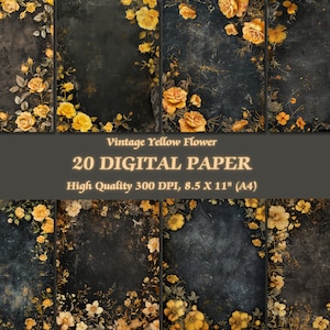 Papel digital romántico con flores amarillas sobre fondo oscuro | Juego de papel tapiz con diseño floral de lujo imprimible | Textura vintage antigua descargable