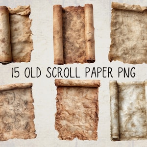 Op de afbeelding: Collectie van zes oude perkamentpapierrollen met een vintage uitstraling. De rollen zijn in verschillende bruin- en beigetinten, sommige opgerold en andere uitgerold, met zichtbare texturen en details. De tekst "15 OLD SCROLL PAPER PNG" staat in het zwart.
