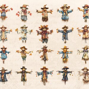 May include: Twenty scarecrows with various clothing and accessories, including hats, scarves, and jackets. The scarecrows are standing on a beige background with a vintage, handwritten look.