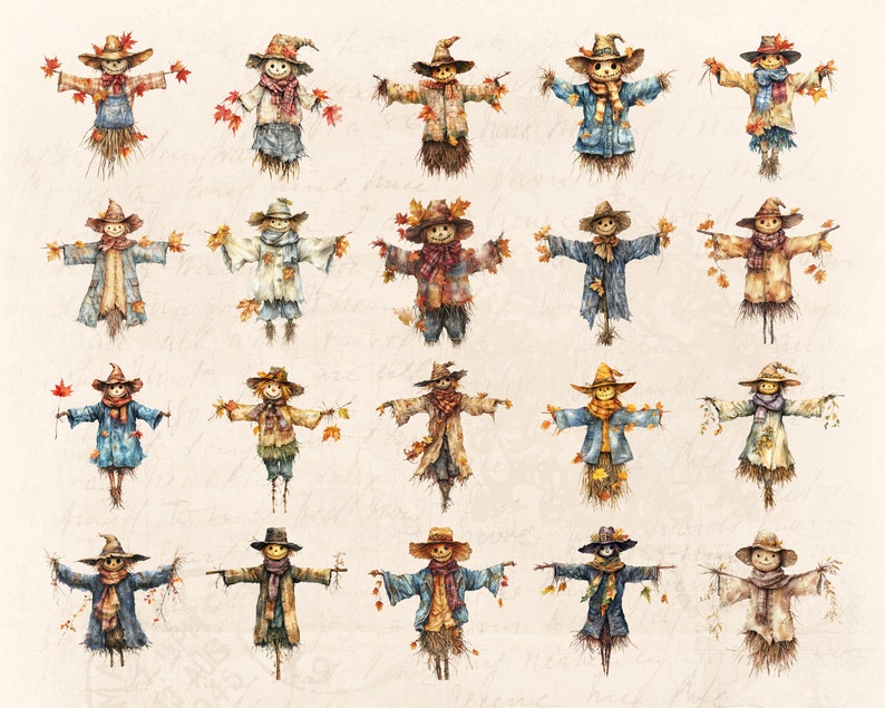 May include: Twenty scarecrows with various clothing and accessories, including hats, scarves, and jackets. The scarecrows are standing on a beige background with a vintage, handwritten look.
