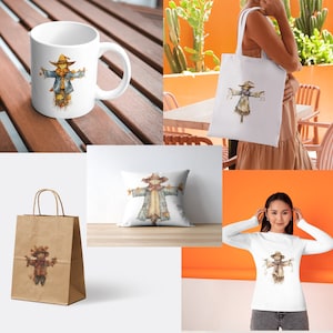 May include: A set of fall-themed products featuring a watercolor illustration of a scarecrow. The set includes a mug, tote bag, pillow, and t-shirt.