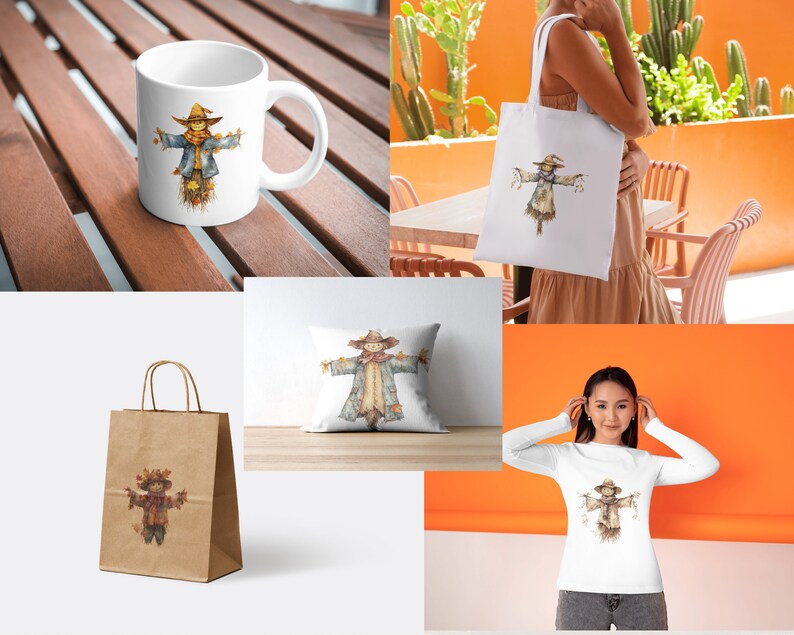 May include: A set of fall-themed products featuring a watercolor illustration of a scarecrow. The set includes a mug, tote bag, pillow, and t-shirt.