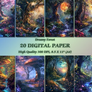 Papel digital de bosque de estilo fantasía de ensueño l Archivo de diseño de árbol colorido imprimible l Fondo de pantalla descargable instantáneo Arte Uso personal comercial