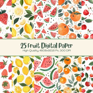 Pode incluir: Um conjunto de 25 papéis digitais com diferentes frutas, incluindo morangos, limões, melancia, laranjas e cerejas. Os papéis são de alta qualidade, medindo 4608x9216 pixels a 300 DPI.