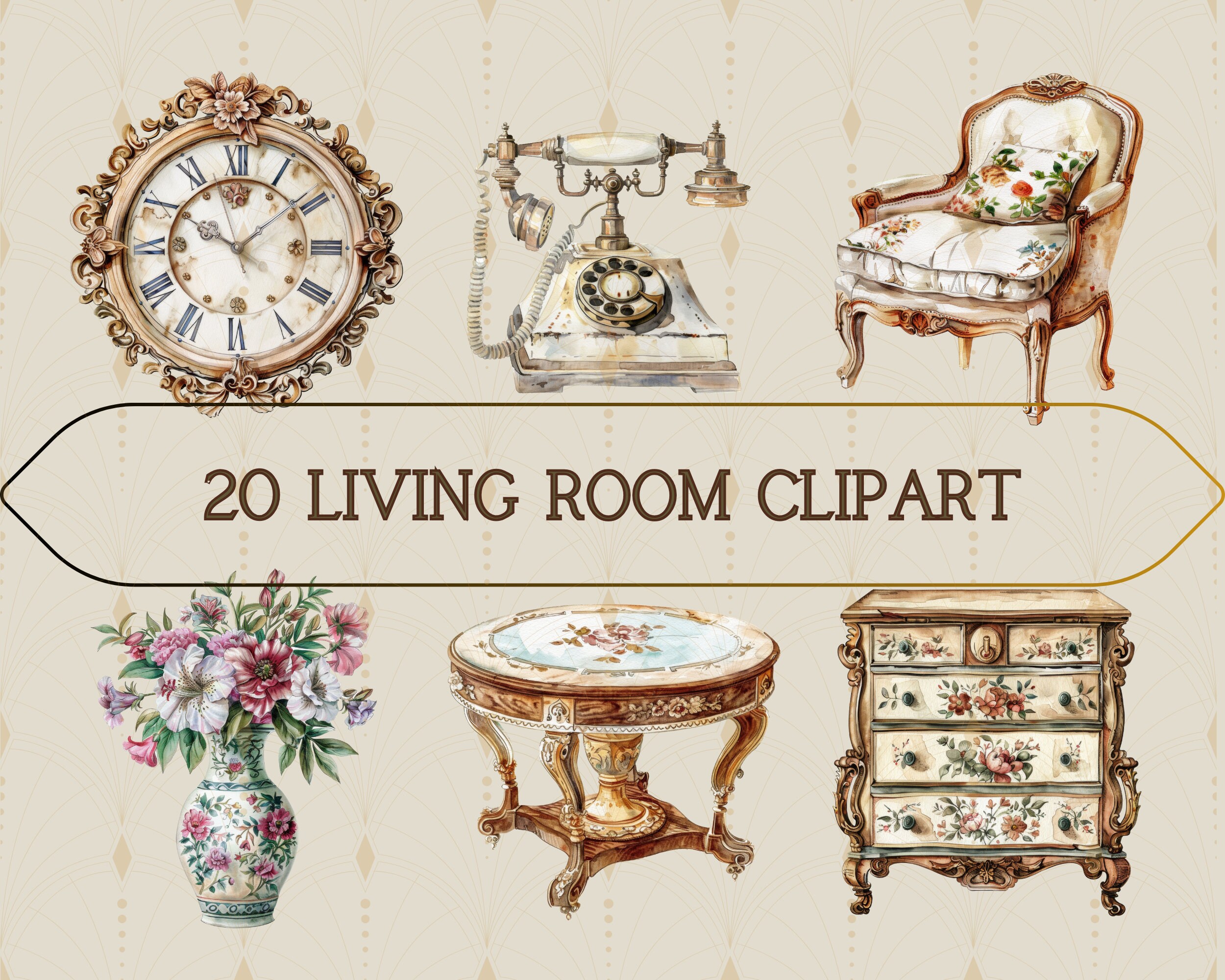 Vintage Living Room Stuff Digital Clipart L Printable Furniture Sticker ...