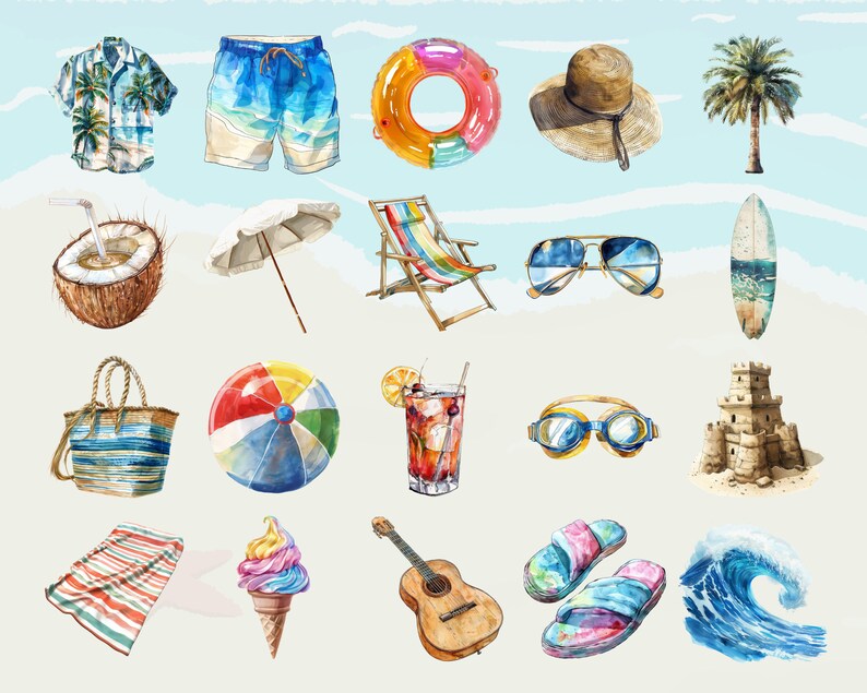 Hot Summer Beach Stuff Digital Clipart L Printable Sticker Transparent ...