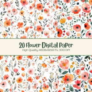 Moody Flower Digital Paper set l Imprimible Color naranja rojo Diseño floral Fondo de pantalla l Fondo de acuarela descargable para primavera cálida