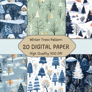 Lindo diseño de árboles de invierno con patrón sin costuras | Fondo de ambiente navideño con bosque nevado imprimible | Papel con estilo de dibujos animados de naturaleza descargable