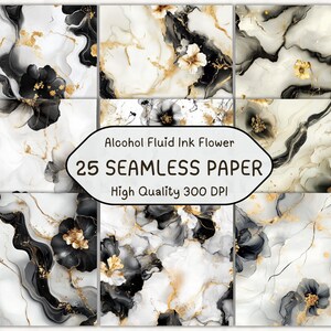 May include: A set of 25 seamless digital papers featuring abstract black, white, and gold alcohol ink floral designs.  The papers are high quality and 300 DPI.