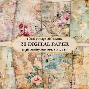 Romantische Blumen Vintage Digital Papier l Druckbare alte Textur Distressed Wallpaper l Herunterladbare Grunge Seite Junk Journaling Scrapbooking
