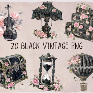 Lujo Negro Rosa Vintage Digital Clipart l Elegancia imprimible Floral Pegatina Fondo transparente l Imagen descargable Diario basura