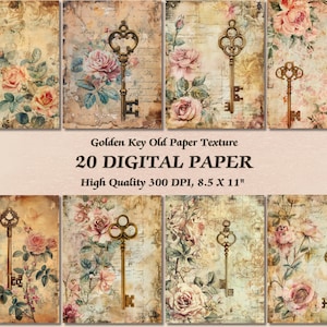 Romántico Golden Key Vintage Papel Digital l Imprimible Textura Vieja Rosa Rosa Fondo de Pantalla l Descargable Diseño Cálido Diario Basura Comercial