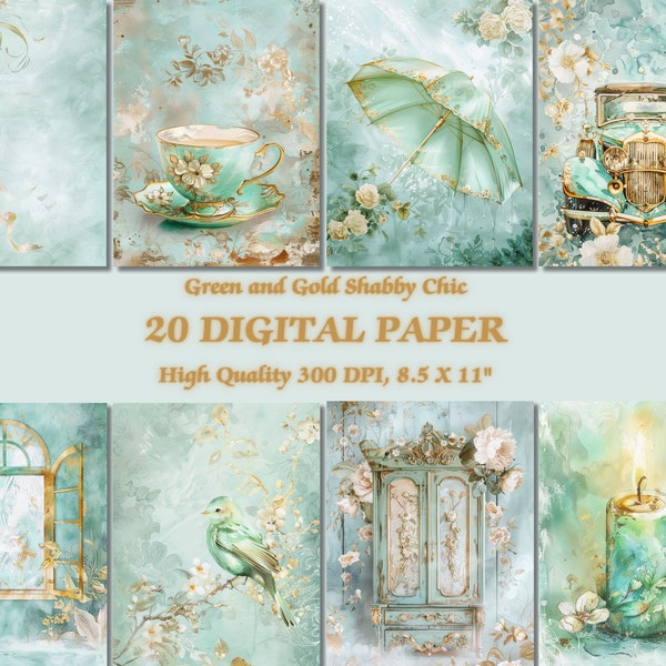 Luxury Emerald and Gold Color Shabby Chic Digital Paper l Watercolor Romantic Atmosphere Printable Wallpaper l Floral Design Background Use