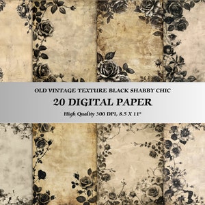 Moody Vintage Flor Negra Shabby Chic Papel Digital l Imprimible Floral Página Set Carta Tamaño 8.5x11 pulgadas l Scrapbook Journal Card Decoración