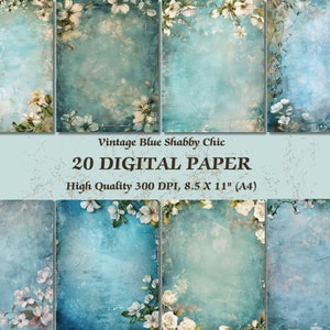 Romantico fiore bianco su carta digitale blu l Carta da parati shabby chic con design floreale stampabile l Sfondo con texture vintage scaricabile