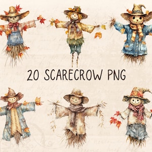 May include: A set of six watercolor illustrations of scarecrows. The scarecrows are dressed in different outfits, including a blue shirt and jeans, a brown shirt and jeans, and a red shirt and jeans. The scarecrows are all standing in a field of straw. The text "20 SCARECROW PNG" is written in brown letters at the bottom of the image.