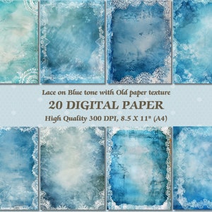 Romantico pizzo bianco su carta digitale tonalità blu l Sfondo stampabile Arte della parete l Design di sfondo scaricabile l Uso commerciale di scrapbooking