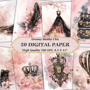 Carta digitale shabby chic rosa nera romantica l Carta da parati stampabile dal design sognante vintage l Stampa di scrapbooking Junk Journaling scaricabile