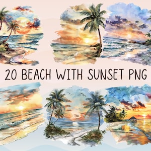 Playa de verano caliente con puesta de sol Clipart digital l Pegatina de paisaje de acuarela imprimible Fondo transparente l Imagen descargable Clip Art