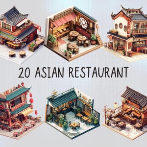 Cute 3D Asian Restaurant Design Digital Clip Art l Printable Isometric Vintage Store Sticker Transparent Background l Illustration Download